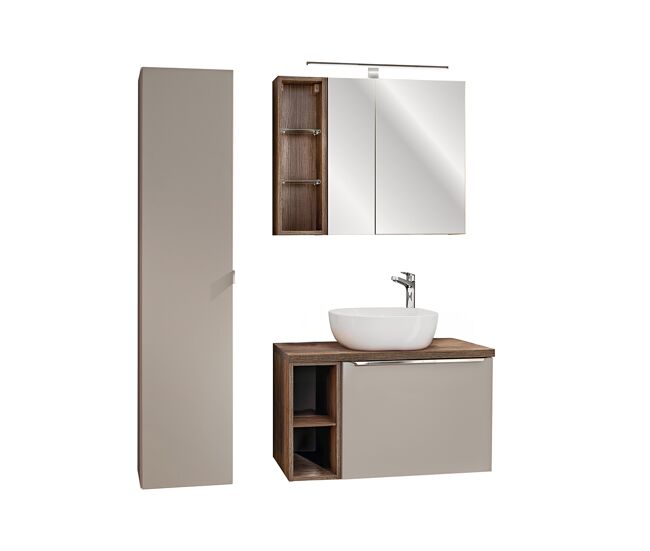 Conjunto móvel lavatório individual 80cm 2 nichos coluna armário mural éros taupe