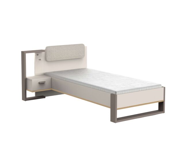 Cama juvenil camillia com mesa de cabeceira 90x200 cm em carvalho vicenza, cinza e barro, em melamina