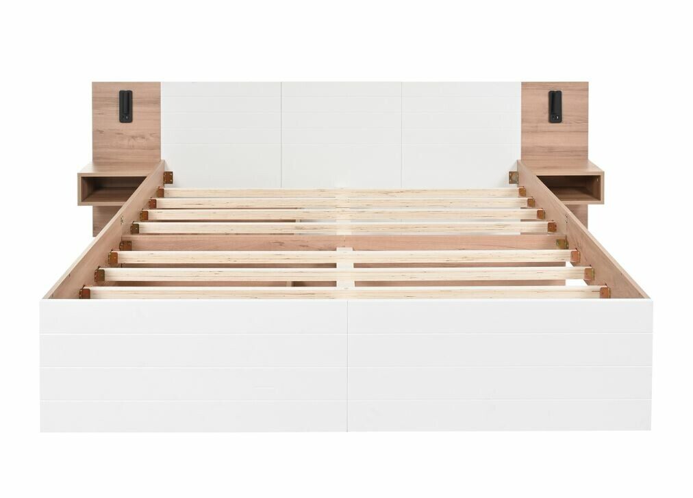 Cama de casal king size com efeito de madeira bifrada e 2 gavetas, candeeiro de leitura com carregamento usb, carvalho/branco, 180 x 200 cm (sem