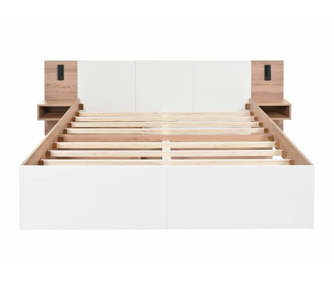 Cama de casal king size com efeito de madeira bifrada e 2 gavetas, candeeiro de leitura com carregamento usb, carvalho/branco, 180 x 200 cm (sem