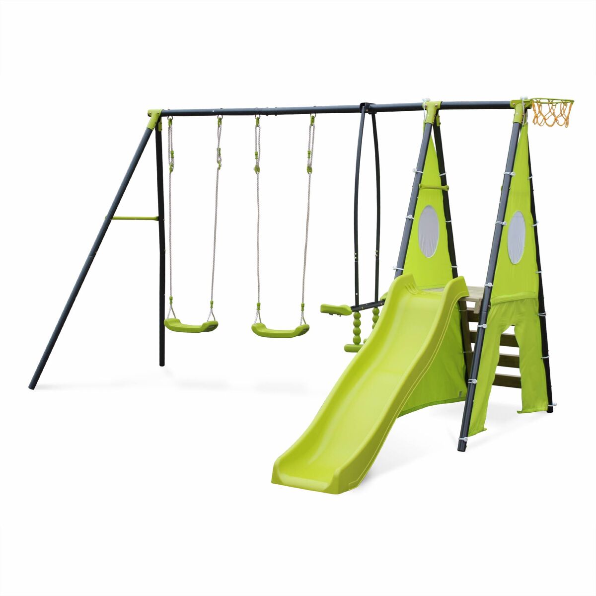 Conjunto de parque imfantil com baloiço e escorrega, libeccio, verde, 313x155x197 cm