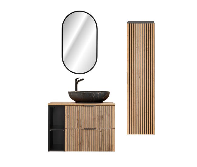 Móvel lavatório simples 80 cm 2 nichos espelho led e coluna gaia madeira e preto lavatório preto