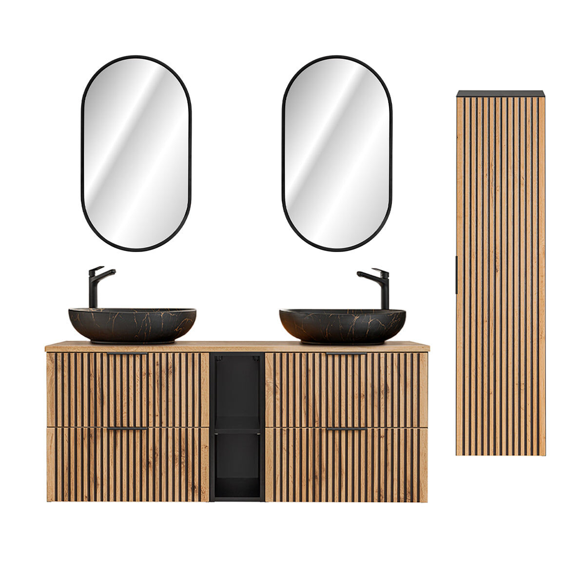 Móvel lavatório duplo 140 cm 2 nichos com espelhos led e coluna gaia madeira e preto lavatório preto