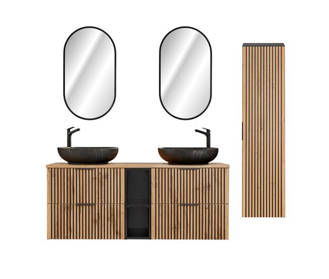 Móvel lavatório duplo 140 cm 2 nichos com espelhos led e coluna gaia madeira e preto lavatório preto