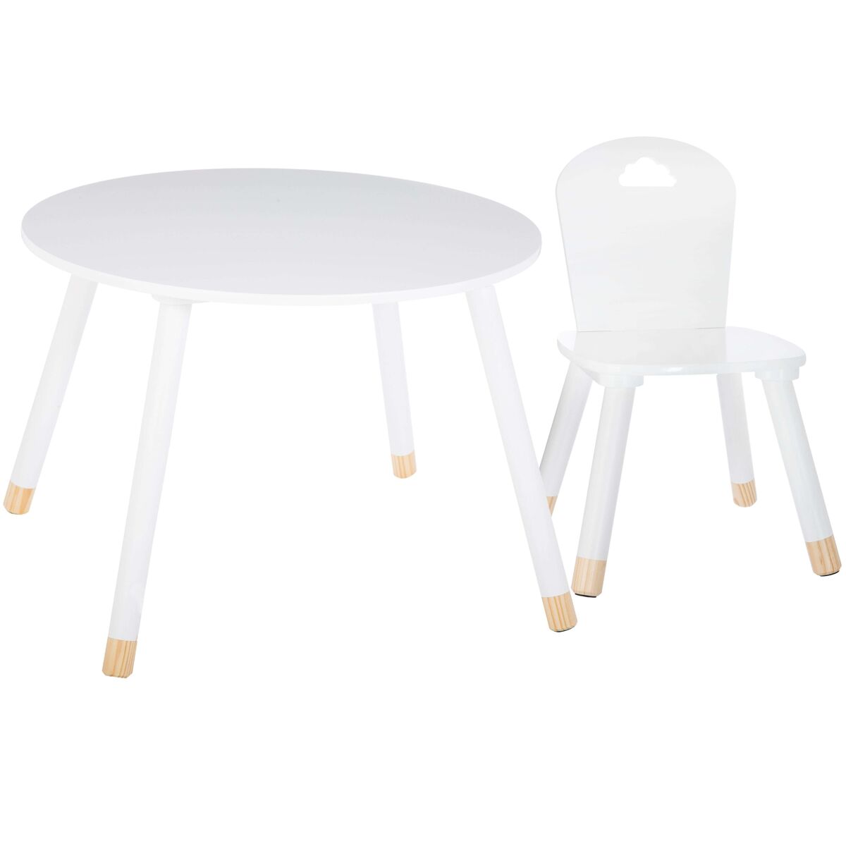 Pacote de mesa infantil douceur em melamina com pernas de madeira e cadeira branca combinando