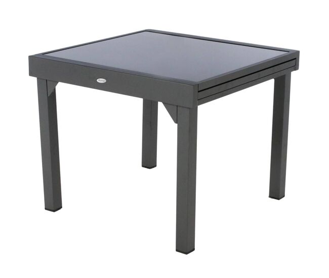 Mesa extensível para exterior, jardim/terraço, alumínio e vidro temperado cinza, 90-180x90x76 cm