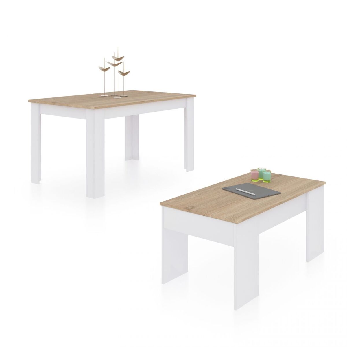 Pack mesa de jantar 140 e mesa de centro vita artik white (branco mate) - carvalho canadiano 140 x 78 x 90 cm