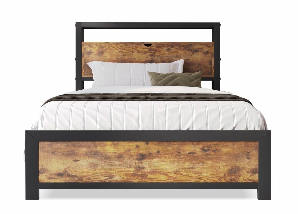 Cama individual industrial com cabeceira de arrumação, efeito madeira de nogueira e preto, 90x200cm ikkiel