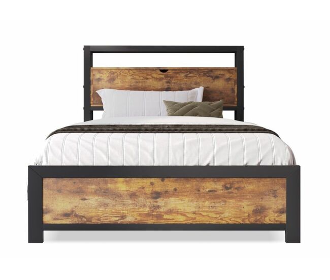 Cama individual industrial com cabeceira de arrumação, efeito madeira de nogueira e preto, 90x200cm ikkiel