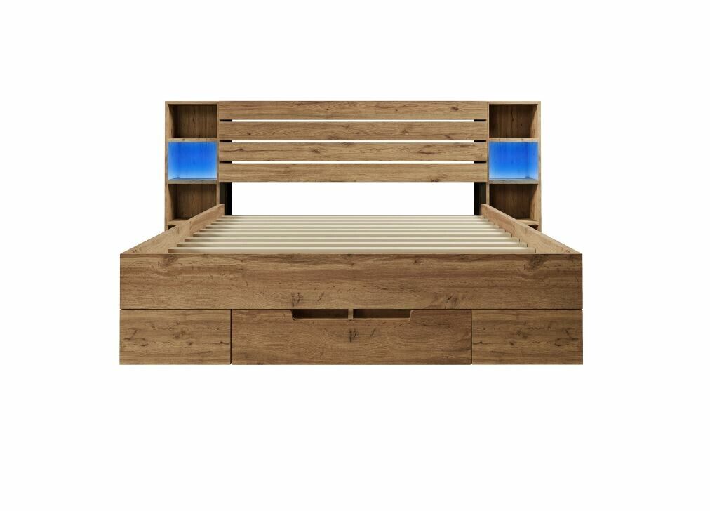 Cama de casal com arrumação em madeira maciça de carvalho com iluminação led, prateleiras e gavetas, tomada usb c, 180 x 200 cm (sem colchão) iessaes king