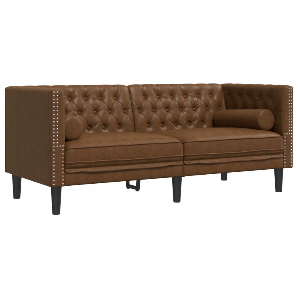 Sofá chesterfield 2 lugares - sofá fixo com rolos camurça artif. castanho
