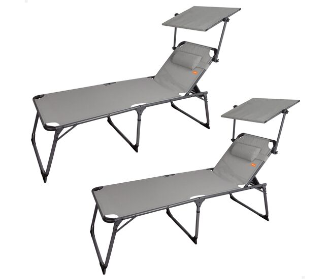 Pack 2 espreguiçadeiras de praia dobráveis altura xl c/guarda-sol e almofada cinzenta aktive