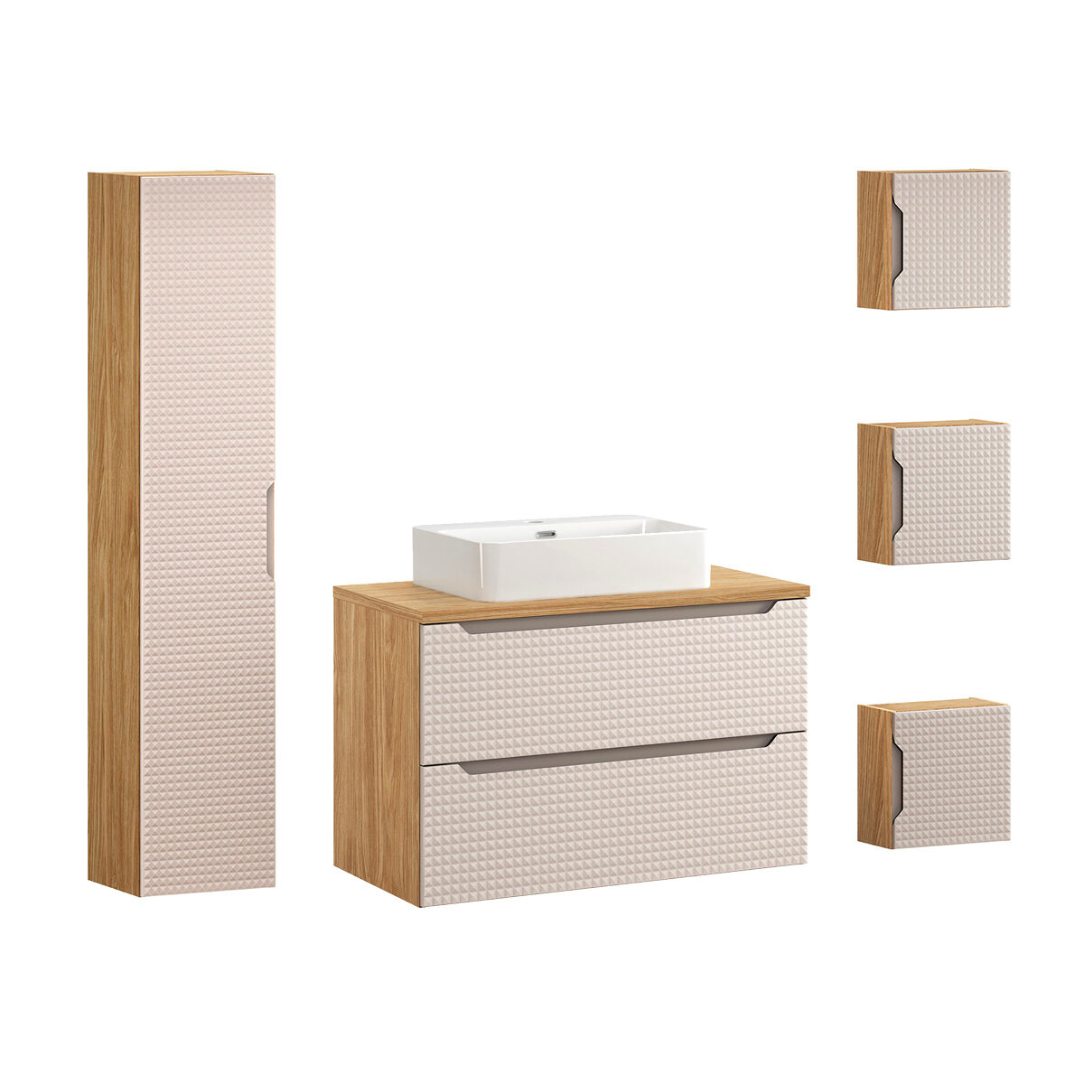 Conjunto móvel lavatório individual 90 cm enceinte e 3 armários murais mallory bege e madeira