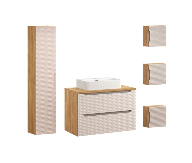 Conjunto móvel lavatório individual 90 cm enceinte e 3 armários murais mallory bege e madeira