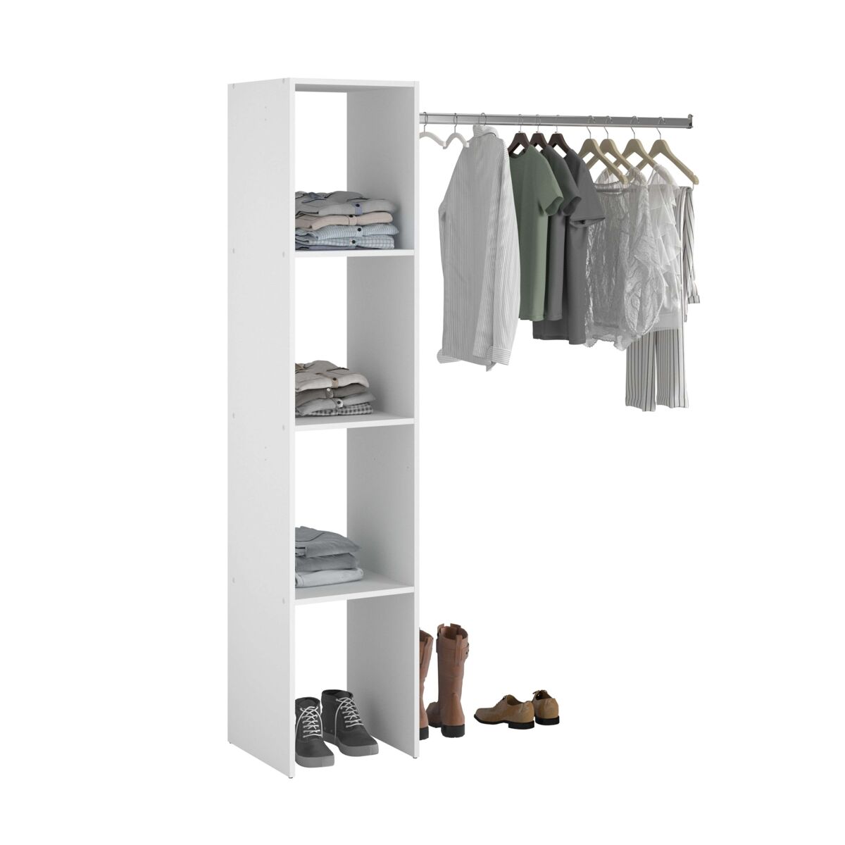 Camarim modular aberto personalizado para quarto em branco inclui módulo d + f com 7 prateleiras e 2 barras 193x203x40 cm