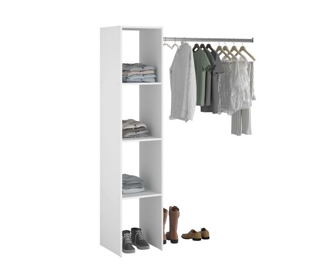 Camarim modular aberto personalizado para quarto em branco inclui módulo g com 4 prateleiras, 1 gaveta, cortina e varão 138x180 cm
