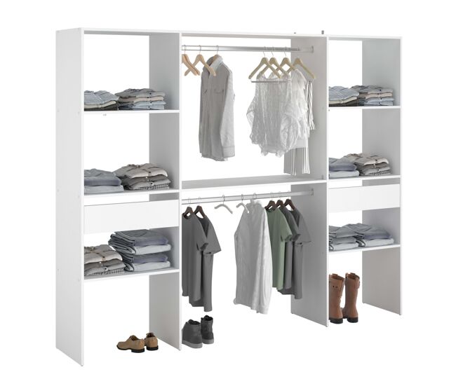 Camarim modular aberto personalizado para quarto em branco inclui 2 módulos d com 6 prateleiras, 2 gavetas e 2 barras 220x180 cm