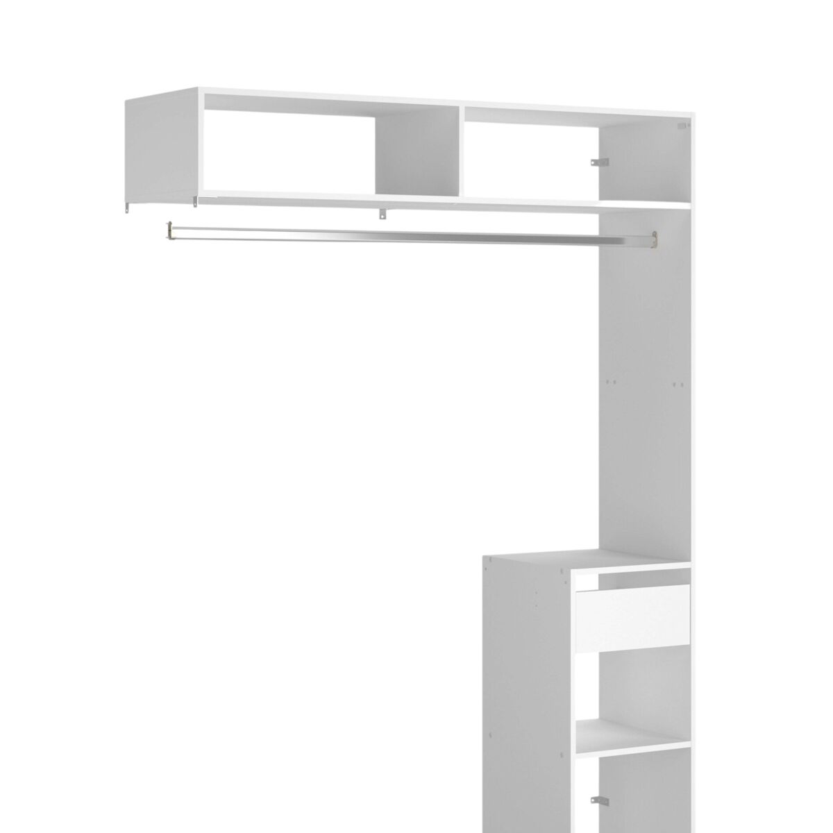 Camarim modular aberto personalizado para quarto em branco inclui módulo f com 4 prateleiras e barra suspensa 104x204 cm