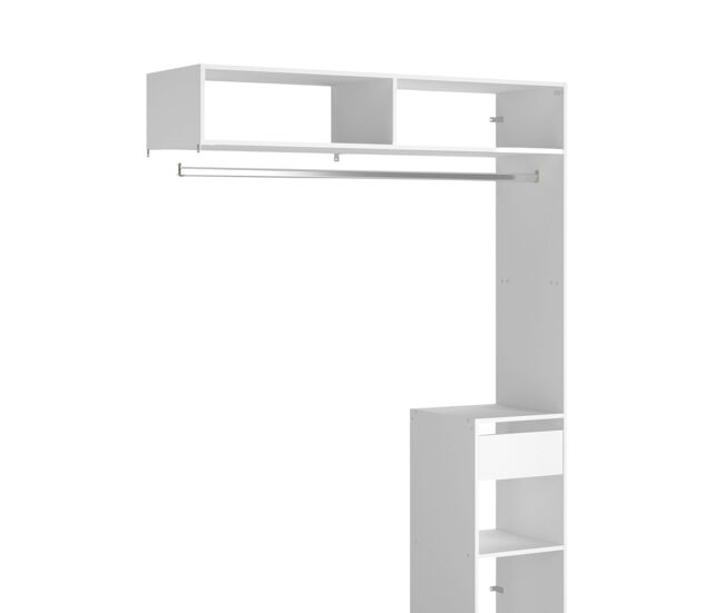 Camarim modular aberto personalizado para quarto em branco inclui módulo f com 4 prateleiras e barra suspensa 104x204 cm