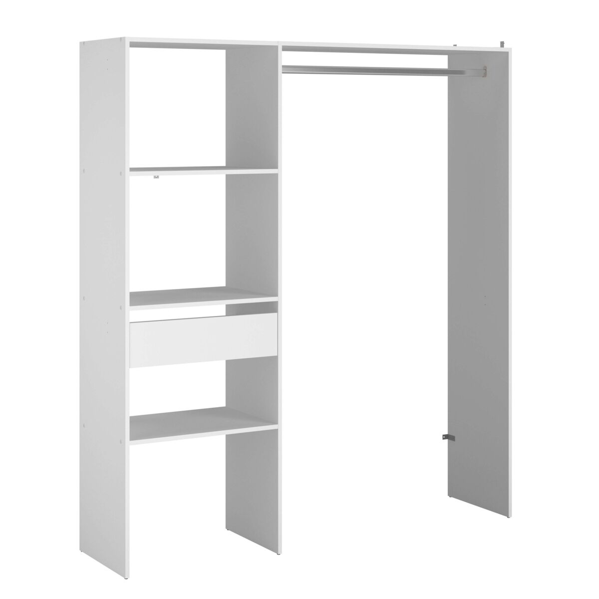 Camarim modular aberto personalizado para quarto em branco inclui módulo d + e com 3 prateleiras, 1 gaveta e barra 162x180 cm