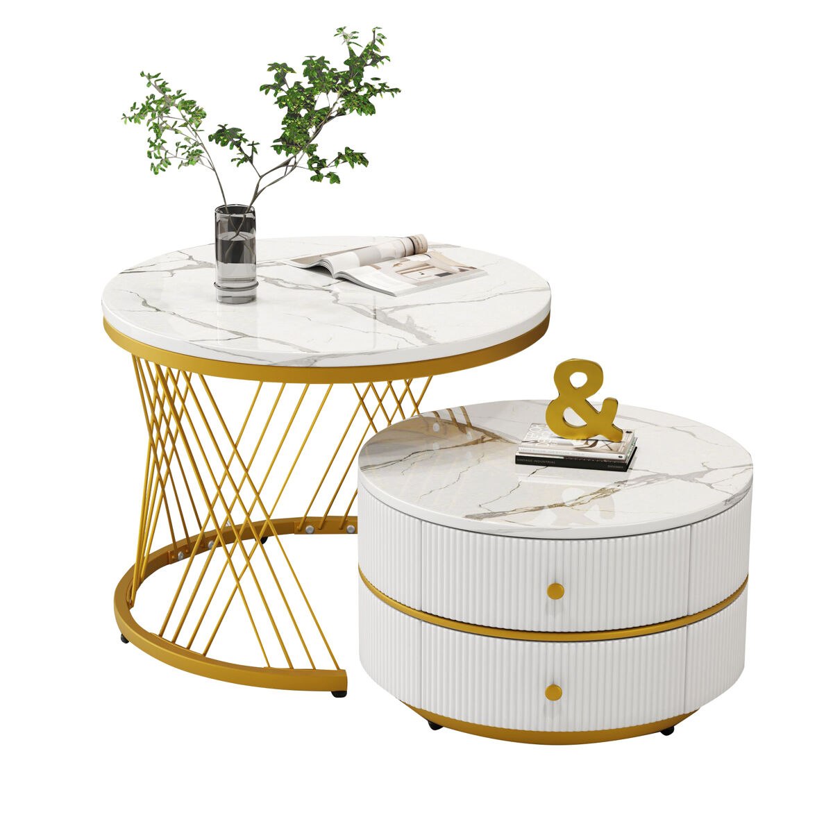 Conjunto de 2 mesas de centro redondas de mdf com 2 gavetas,dourado