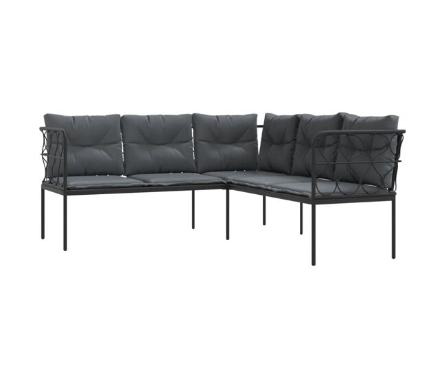 Vidaxl sofá de jardim c/ almofadões formato de l aço/textilene preto