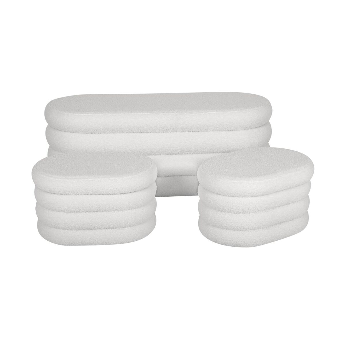 Banco baú com 2 puffes de arrumação boucle, snow, blanc, 45x111x42.5 cm