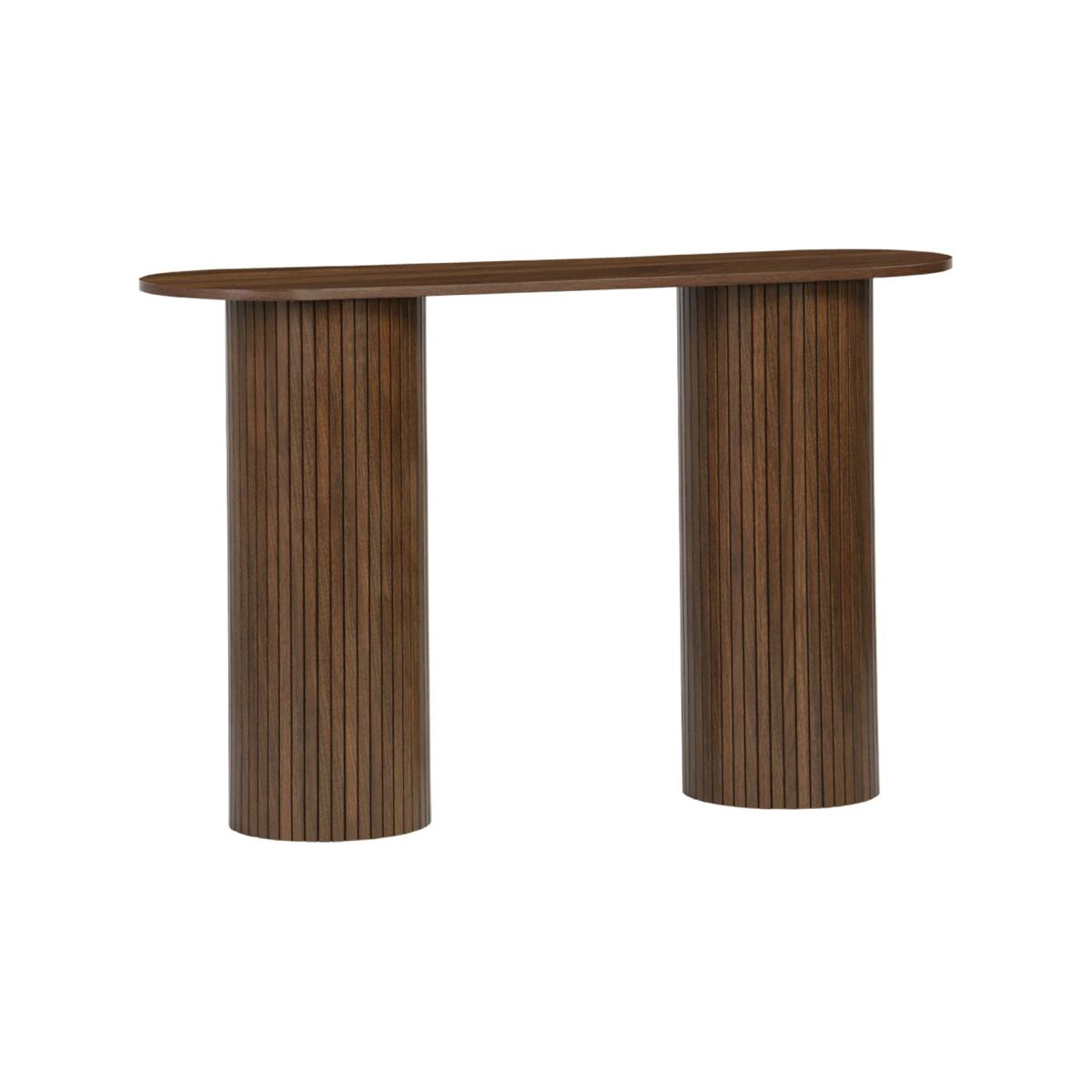 Console escandinava oval com efeito de madeira estriada, legacy, madeira de nogueira, 120x35x75 cm