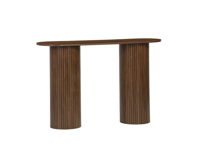 Console escandinava oval com efeito de madeira estriada, legacy, madeira de nogueira, 120x35x75 cm