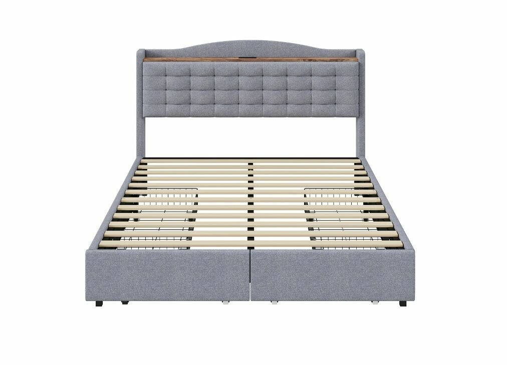 Cama de casal em linho cinzento com estofos, 4 gavetas e 2 portas usb (140*200 cm) casal emphut cinza claro