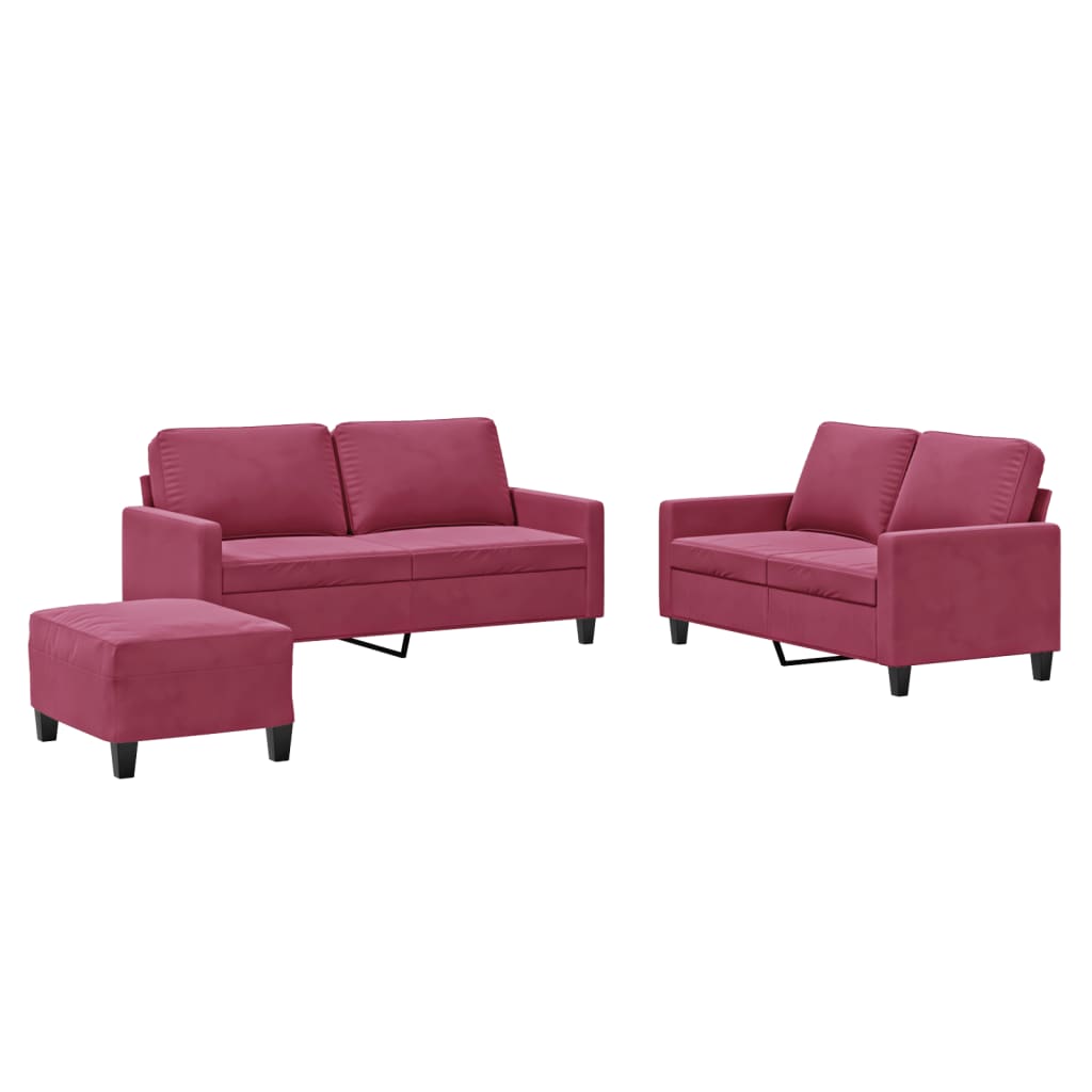 Vidaxl 3 pcs conjunto de sofás com almofadões veludo vermelho tinto