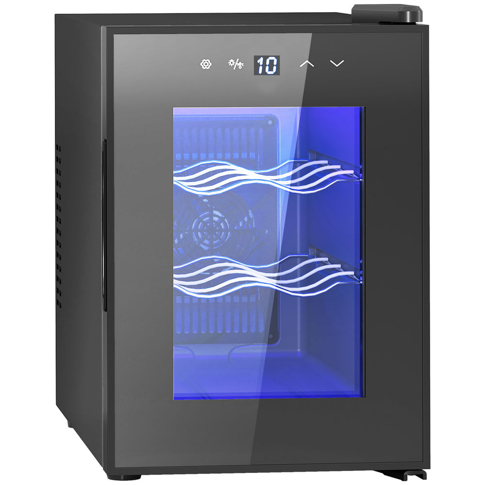 Homcom cave de vinho para 6 garrafas com luz led interior ecrã tátil digital controlo de temperatura porta de vidro temperado com proteção uv e 2