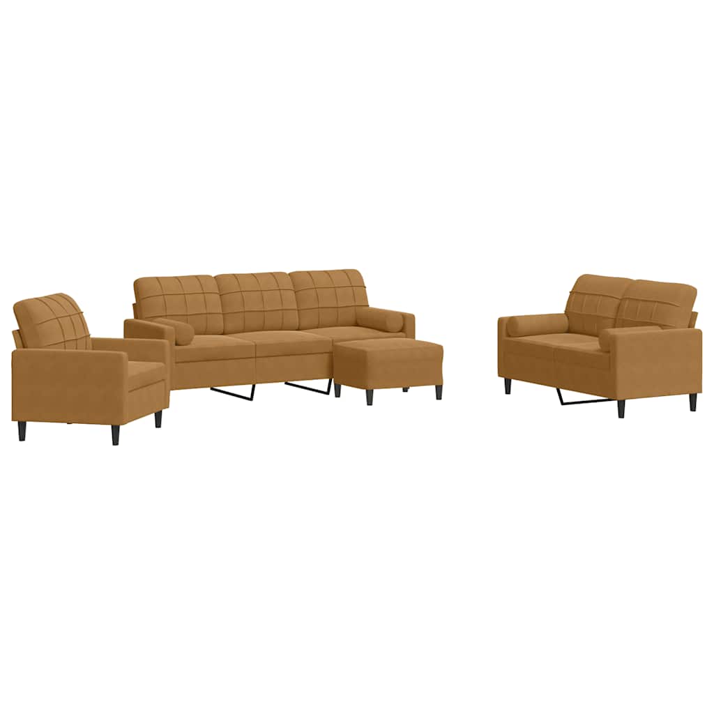 Vidaxl 4 pcs conjunto de sofás com almofadões e rolos veludo castanho