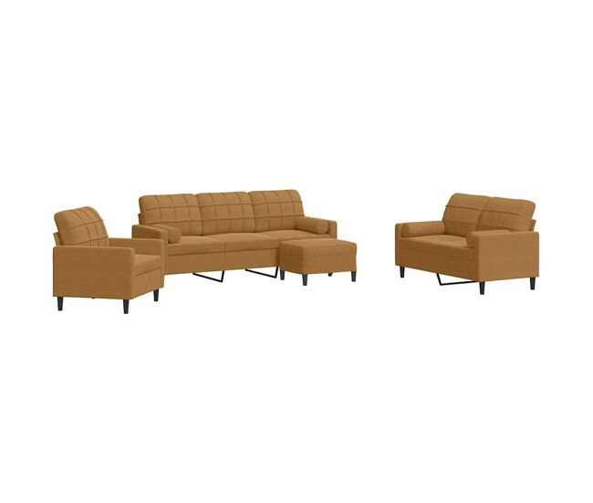 Vidaxl 4 pcs conjunto de sofás com almofadões e rolos veludo castanho