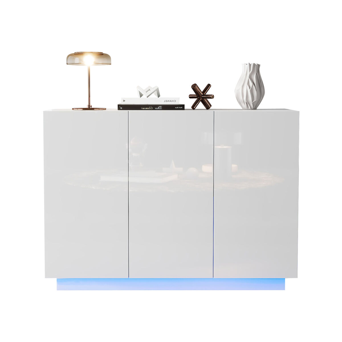 Aparador de painel de partículas com 3 portas e luz led,branco