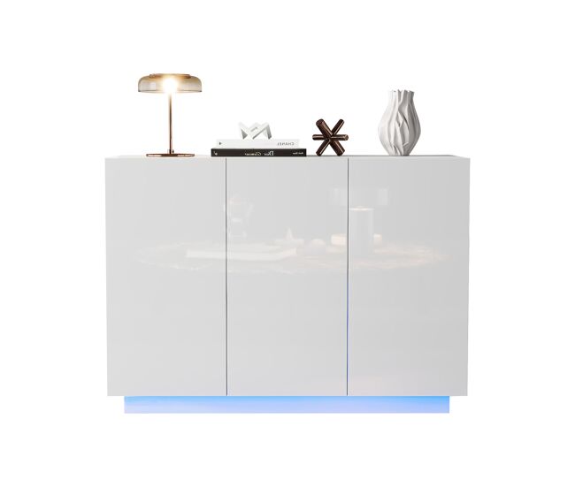 Aparador de painel de partículas com 3 portas e luz led,branco
