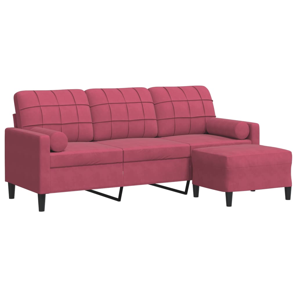 Vidaxl sofá de 3 lugares com apoio de pés 180 cm veludo vermelho tinto