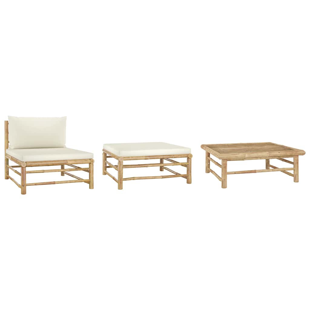 Vidaxl 3 pcs conj. lounge p/ jardim em bambu c/ almofadões branco nata