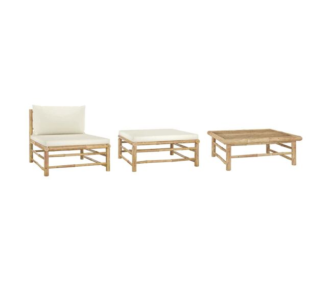 Vidaxl 3 pcs conj. lounge p/ jardim em bambu c/ almofadões branco nata