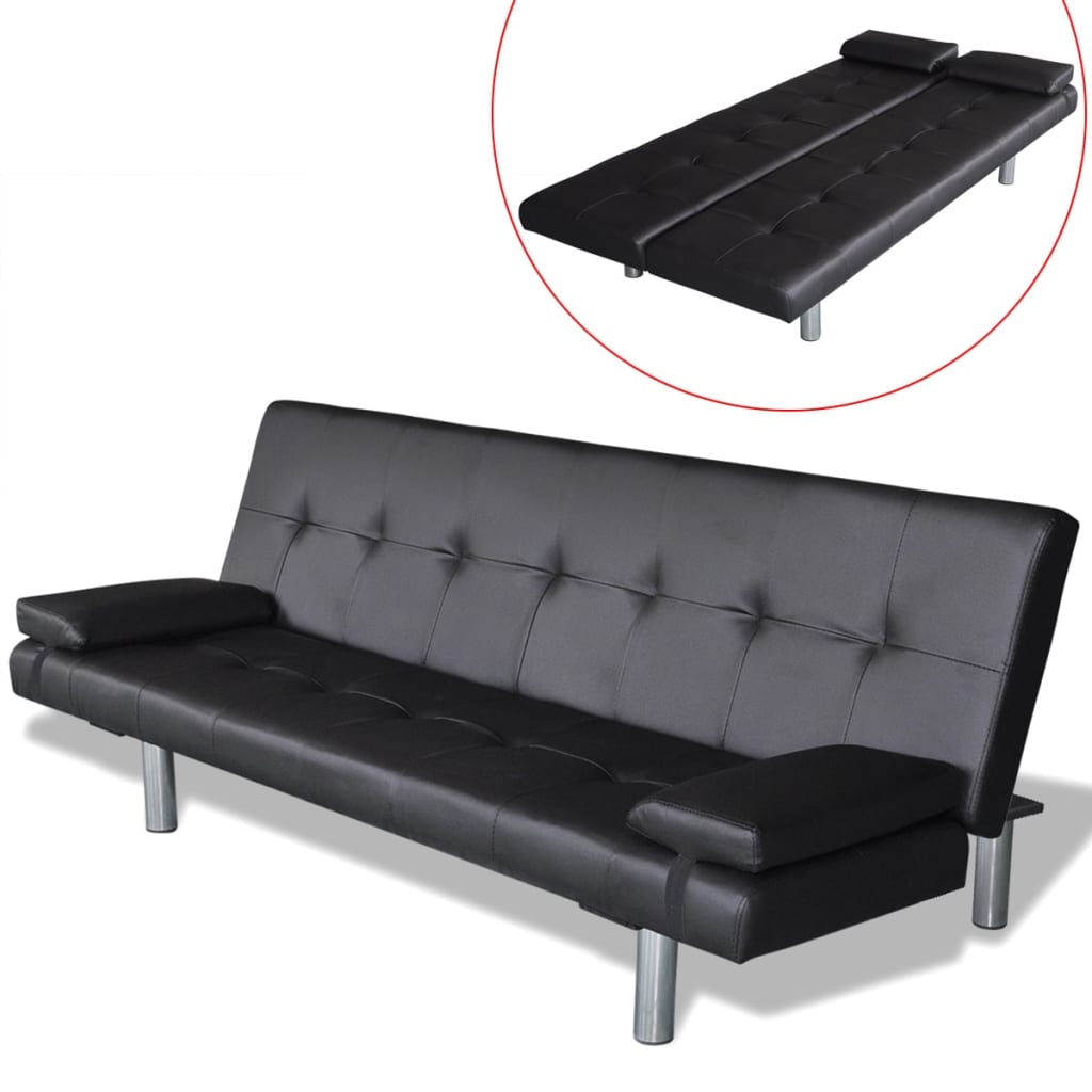 Vidaxl sofa-cama ajustável com 2 almofadas couro artificial noir