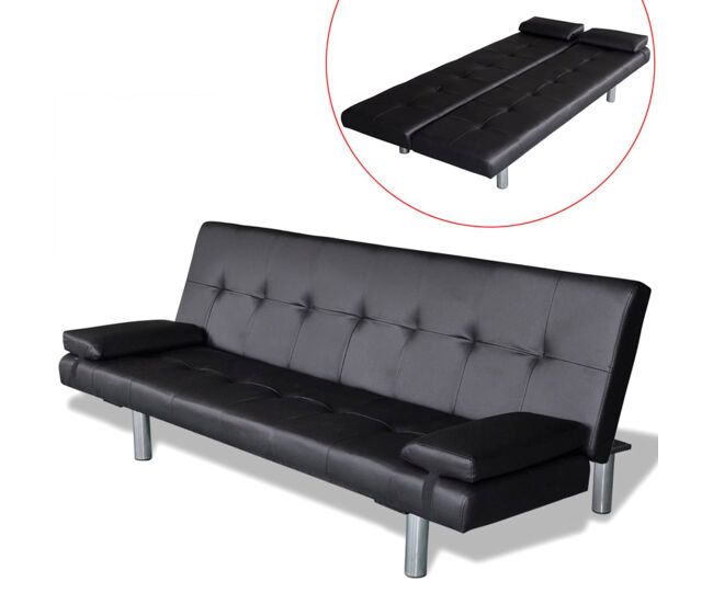 Vidaxl sofa-cama ajustável com 2 almofadas couro artificial noir
