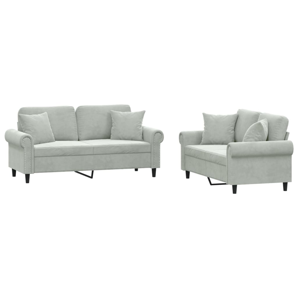 Vidaxl 2 pcs conjunto de sofás com almofadas veludo cinzento-claro