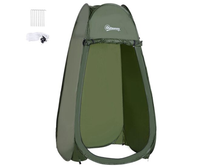Outsunny tenda de duche para campismo dobrável pop up tenda de privacidade com proteção uv e tecido impermeável 100x100x185cm verde escuro