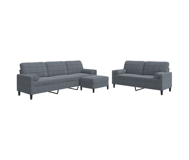 Vidaxl 3 pcs conjunto sofás com almofadões e rolos veludo cinza-escuro