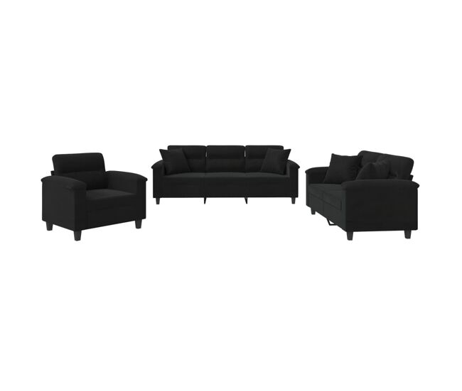 Vidaxl 3 pcs conjunto sofás c/ almofadas tecido de microfibra preto