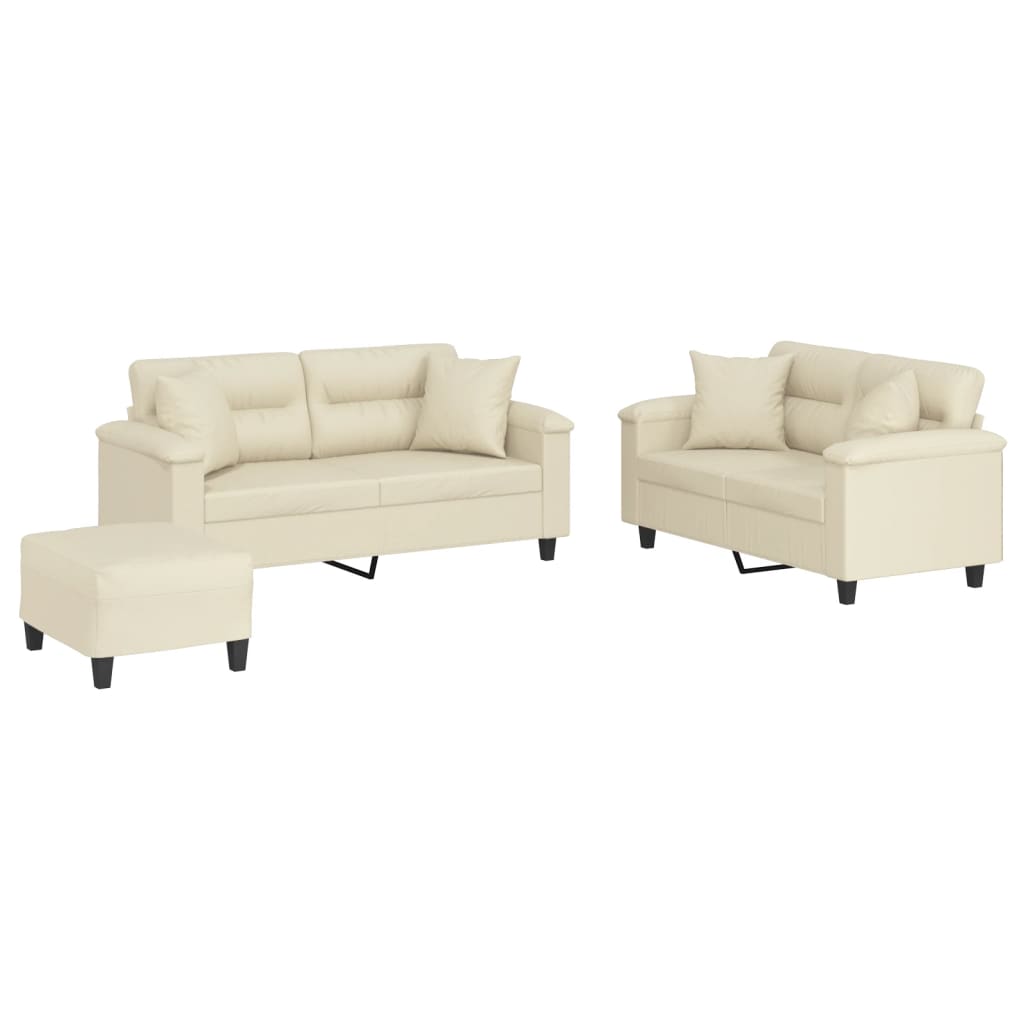 Vidaxl 3 pcs conjunto de sofás com almofadas couro artificial creme