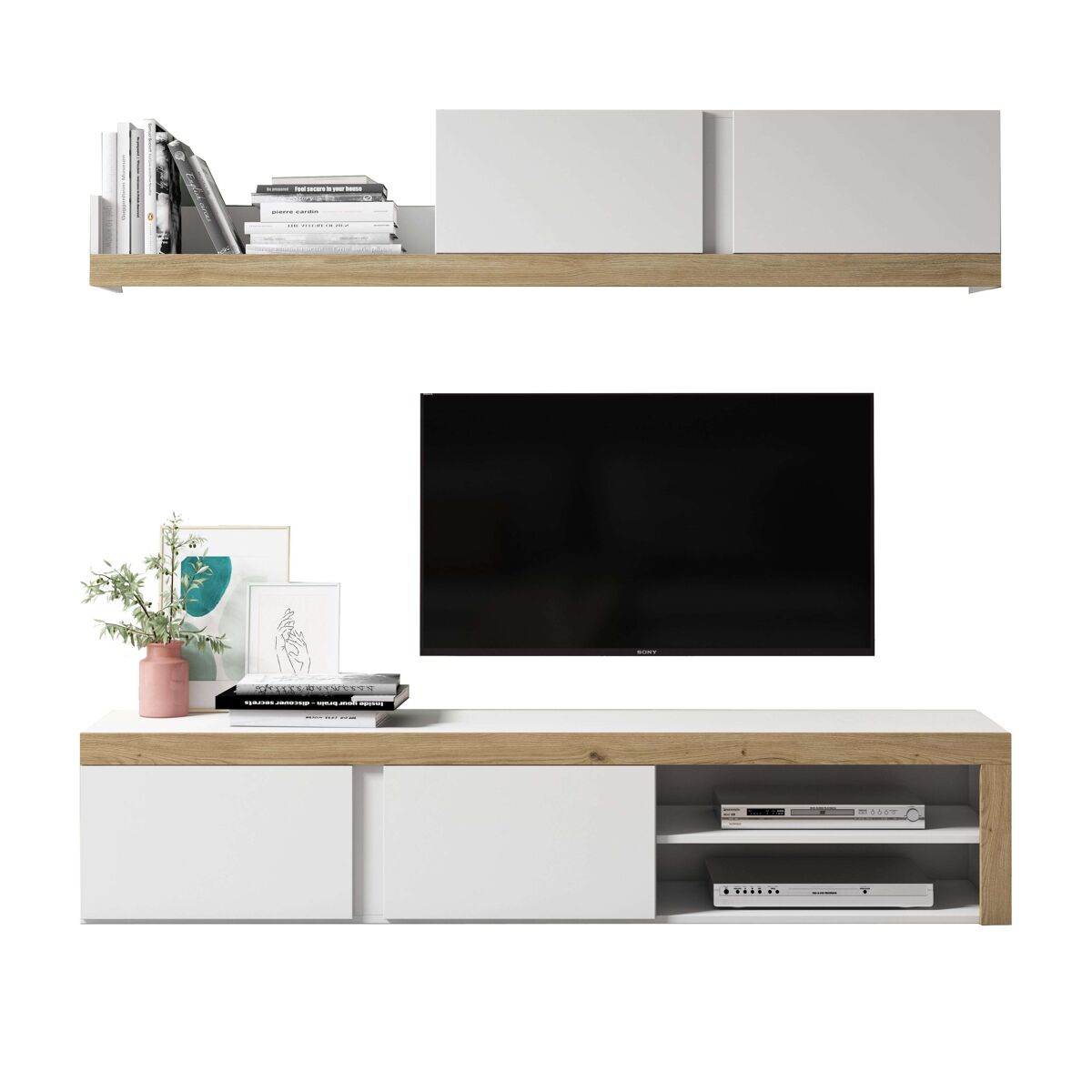 Móveis para sala de estar e jantar fly 2 módulos branco e cor natural estilo moderno armazenamento 200x180x40 cm