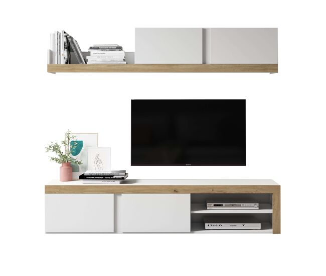 Móveis para sala de estar e jantar fly 2 módulos branco e cor natural estilo moderno armazenamento 200x180x40 cm