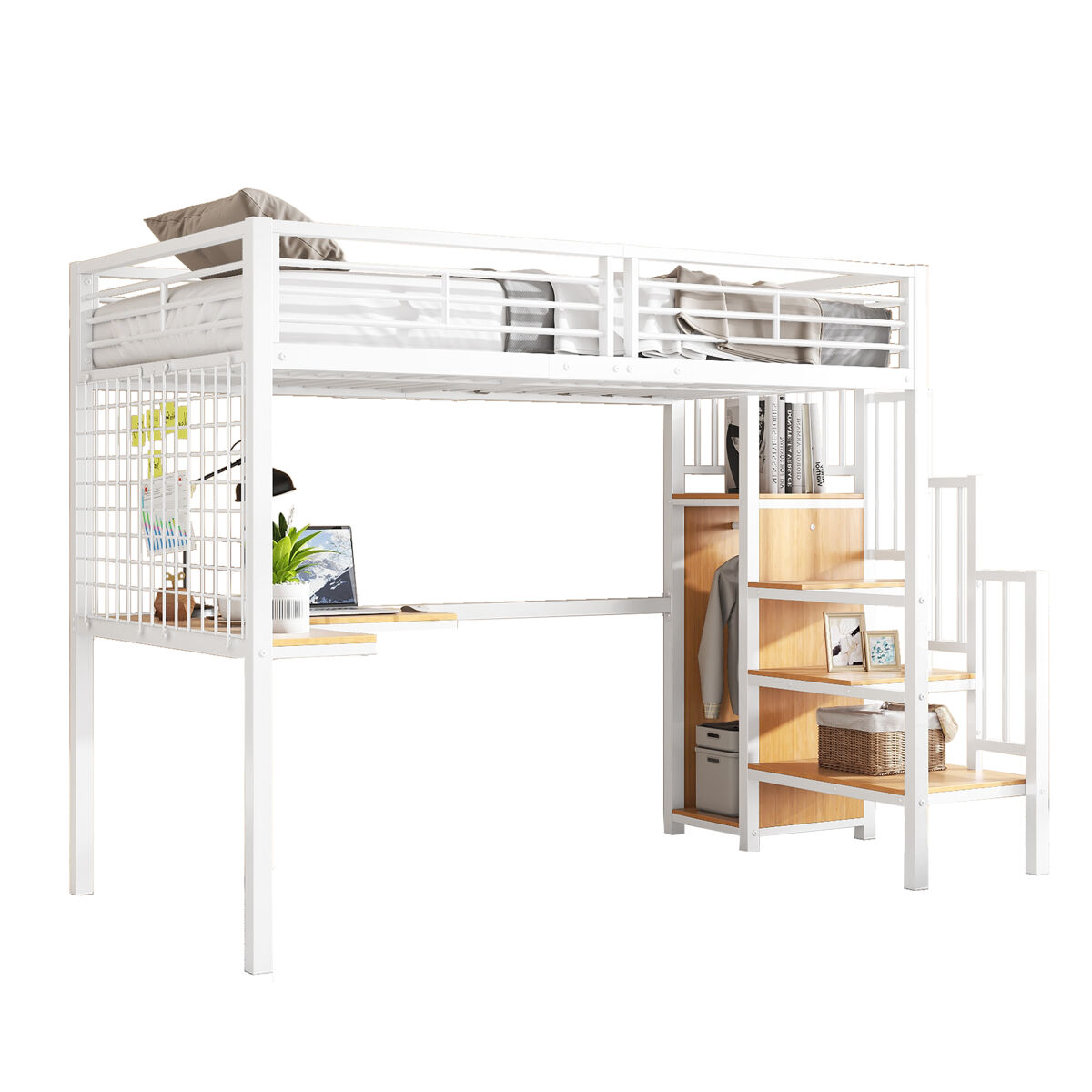 Cama alta para crianças,cama de solteiro de mdf e metal 90x200cm,branco+natural