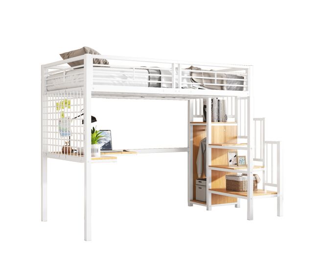 Cama alta para crianças,cama de solteiro de mdf e metal 90x200cm,branco+natural